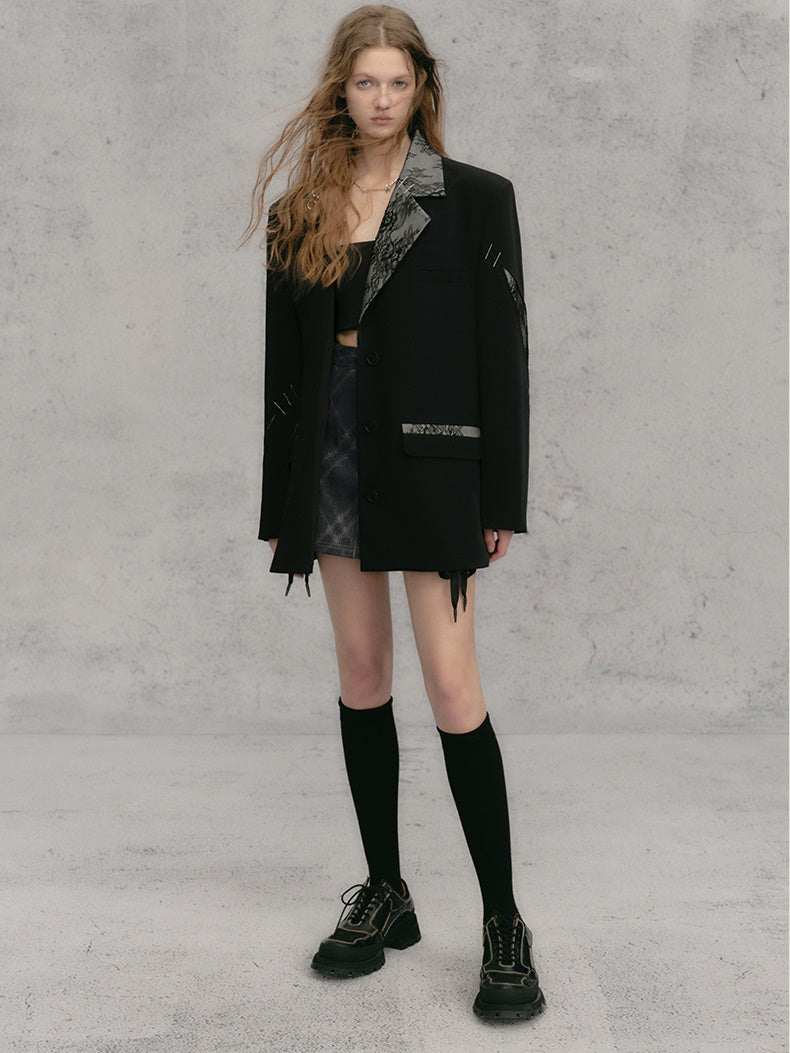 레이스 스티치 배색 루즈 재킷 