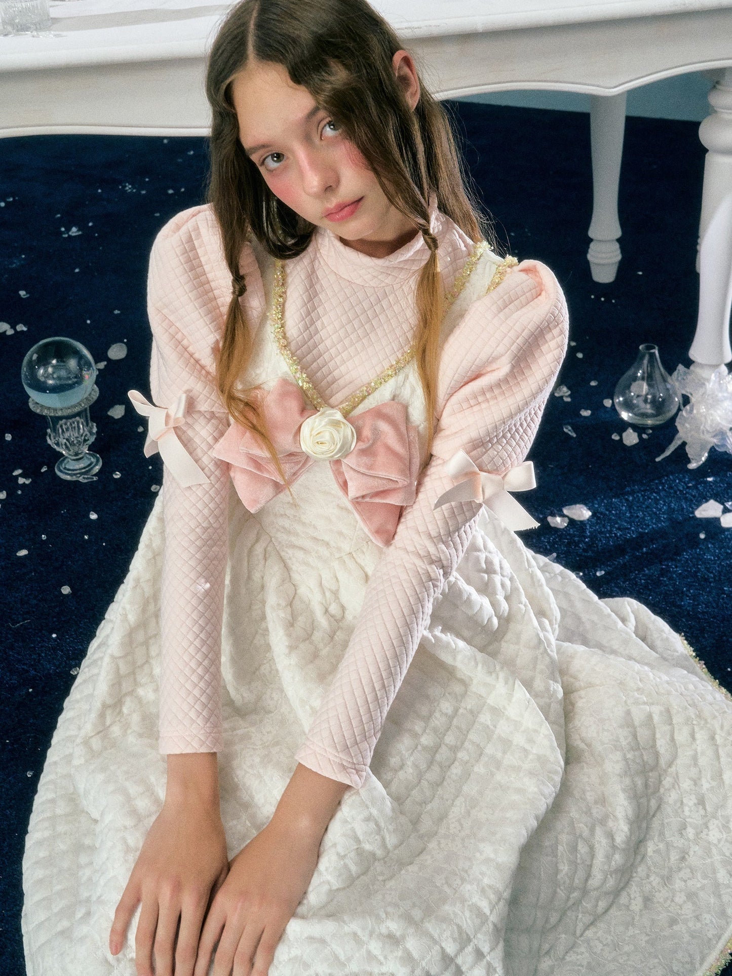 레이스 리본 플라워장식 패딩 서스펜더 드레스&amp;퍼프슬리브 탑