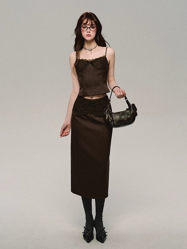 Slim Fit Lace Stitch Camisole ＆ Spliced Skirt