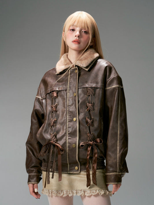 레이스 스트랩 워시드 리버서블 가죽 재킷 