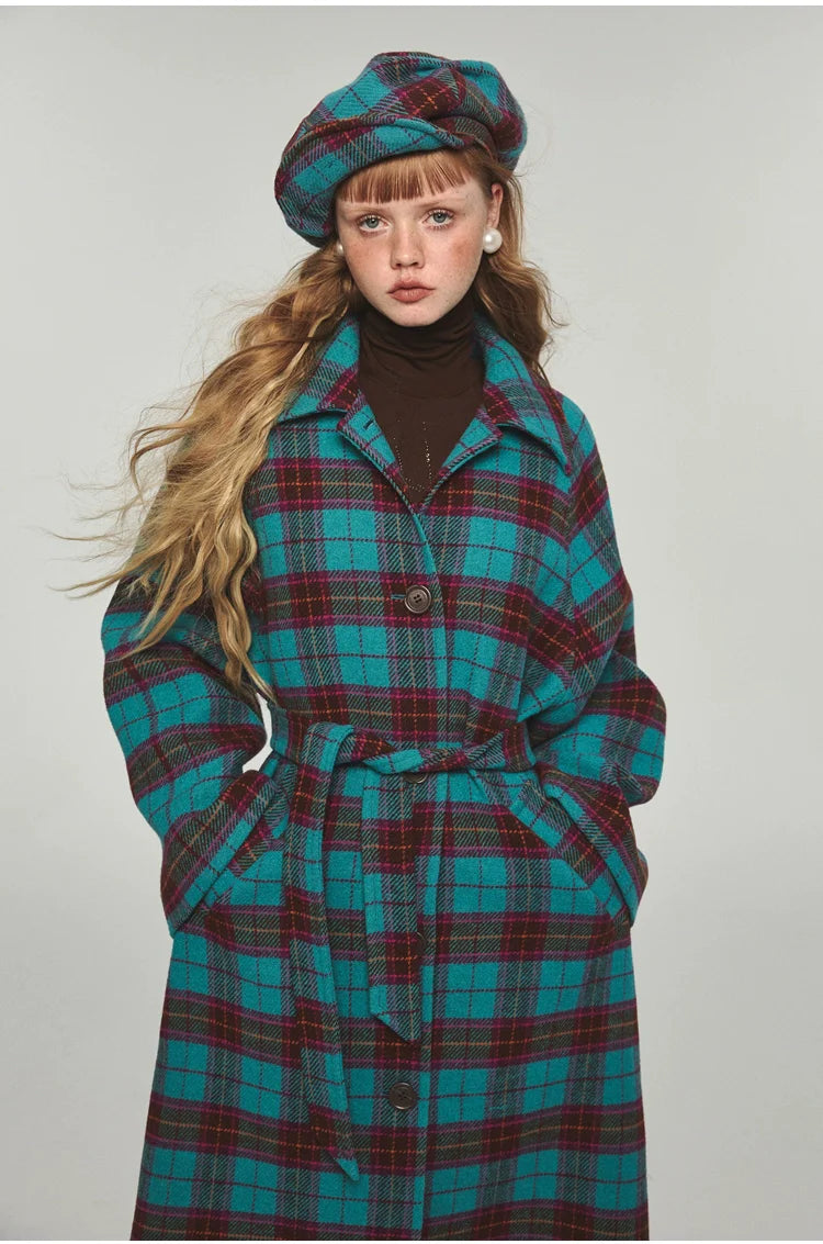 Plaid Classic  Belted Waist Woolen Overcoat