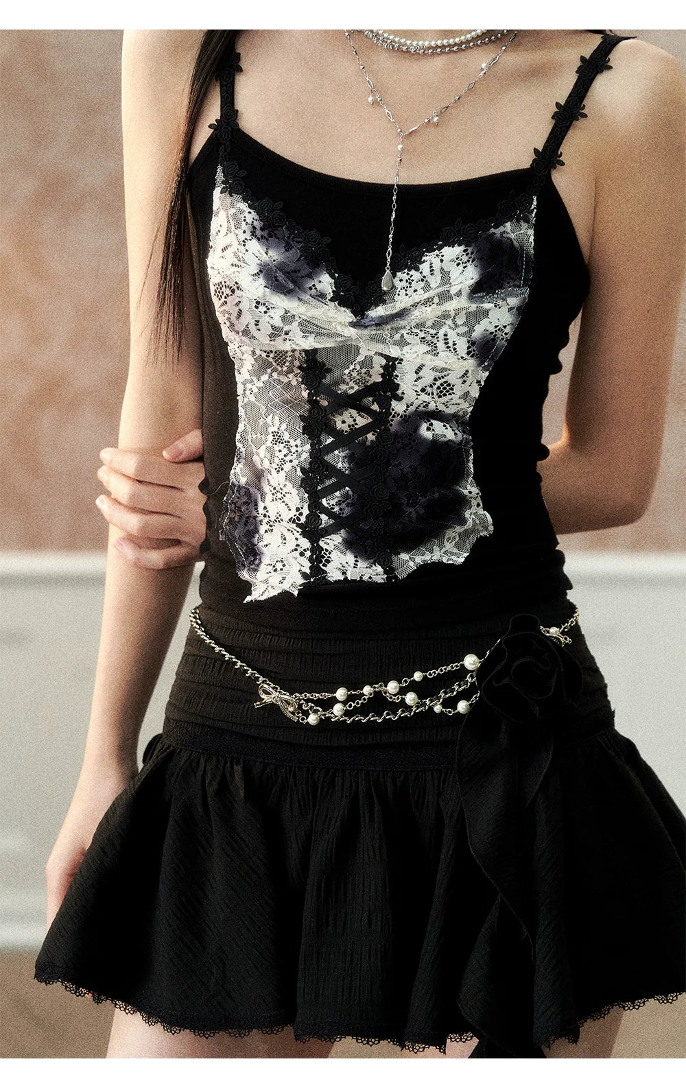 Off-white & Black Lace Splice Camisole