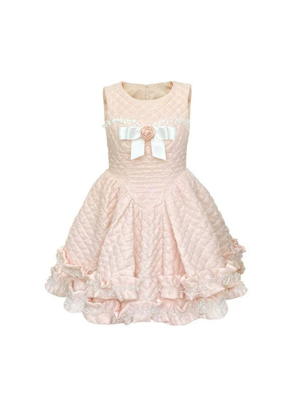 레이스 퀼팅 보우 플라워 브로치 선드레스 &amp; 퍼프 슬리브 탑