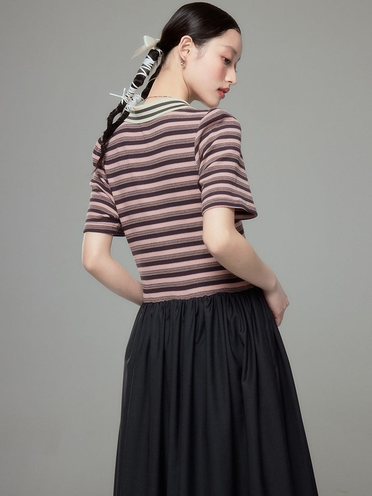 Polo Collar Striped Long One-piece