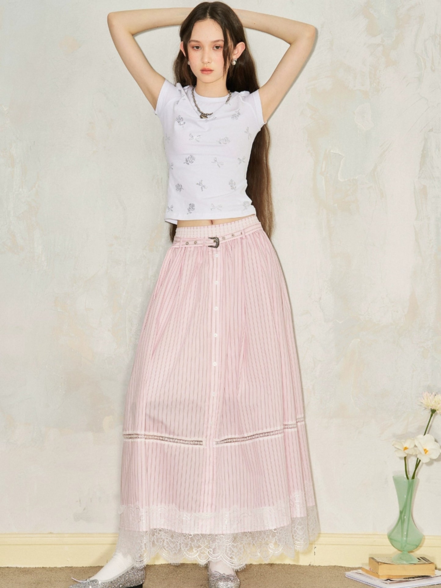 Striped Lace Hollow Long Gather Skirt