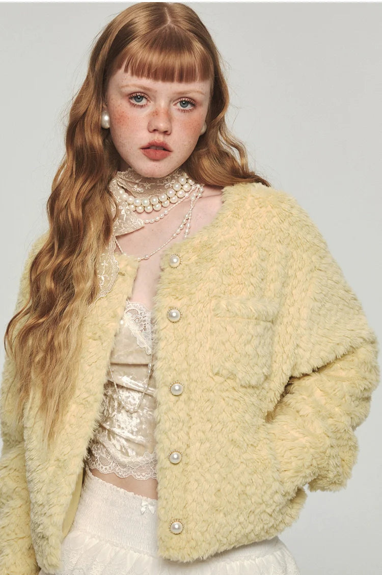 Yellow Faux Fur Casual Crop Coat