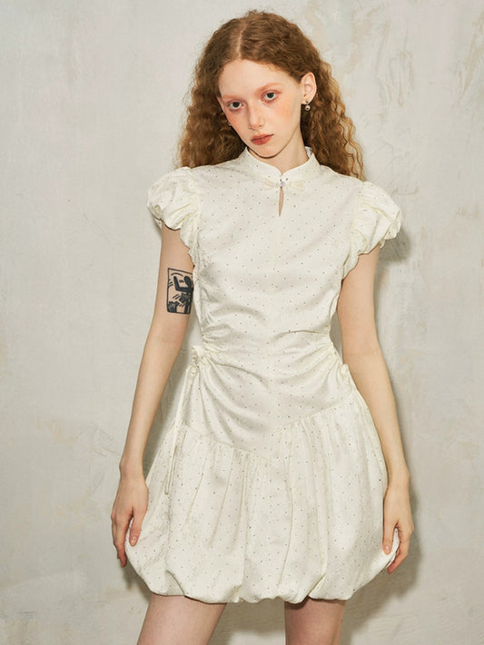 Puff Sleeve Waist Hollowed-out Wrinkled Dress