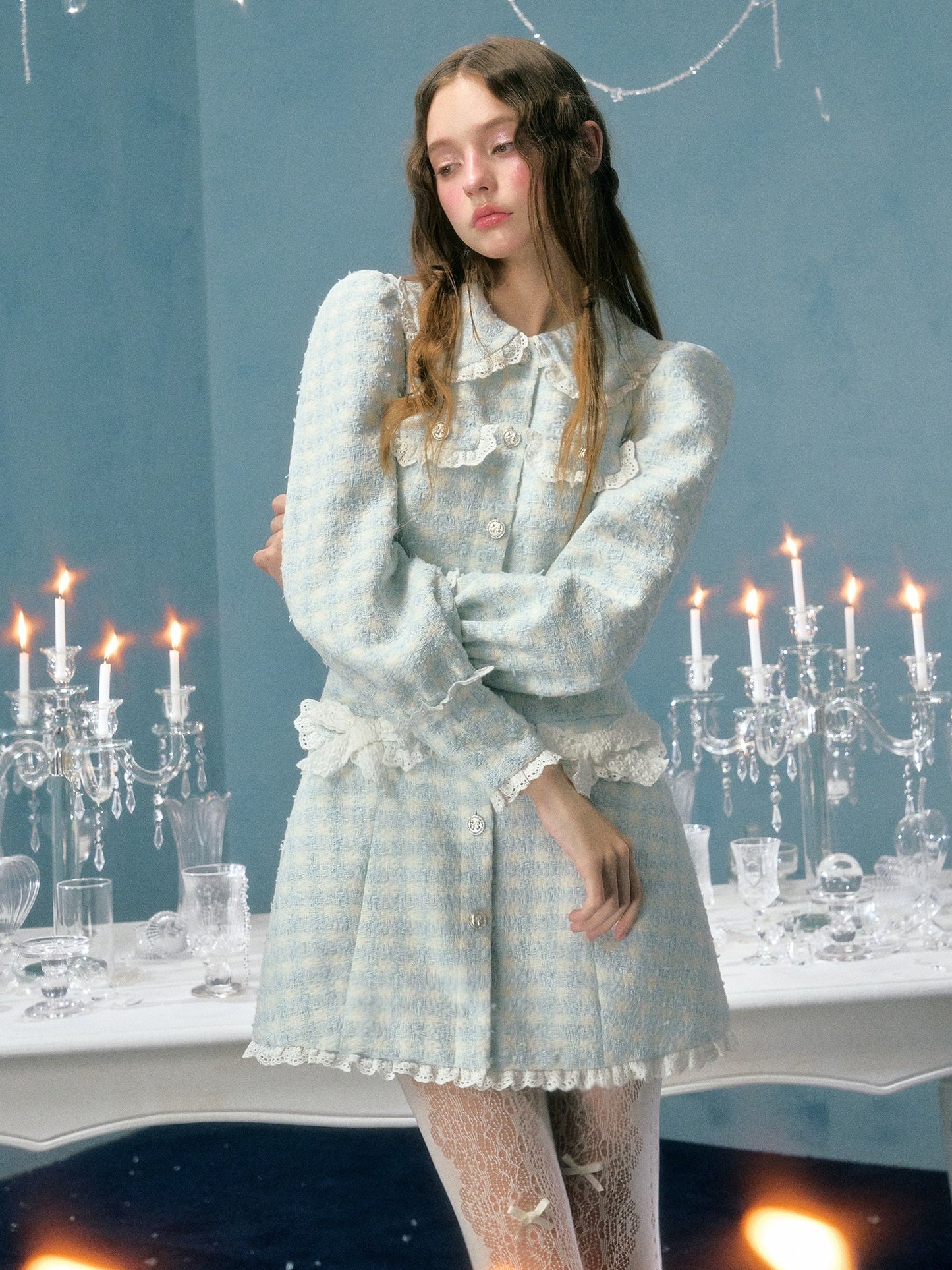 Plaid Doll Collar Lace Bow Puff Sleeve Dress