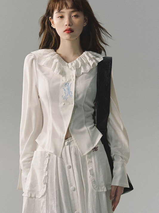 Retro Double-layer Lace Collar Slit Shirt