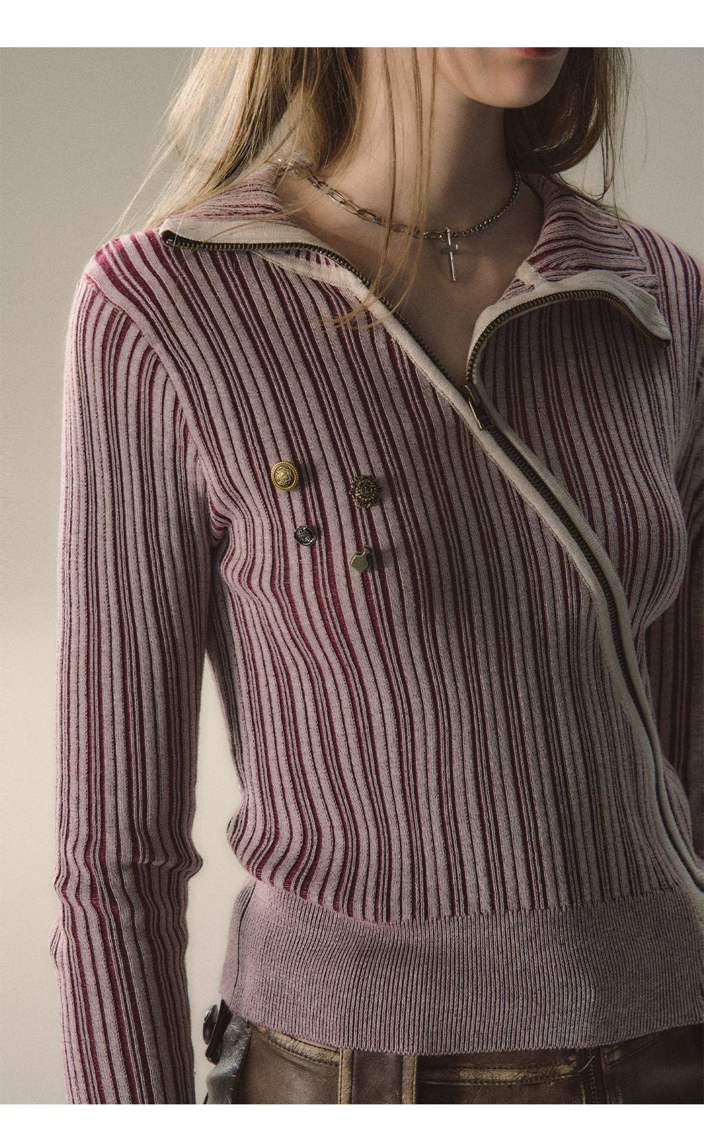 Mocha & Red Zipper Striped Turtleneck