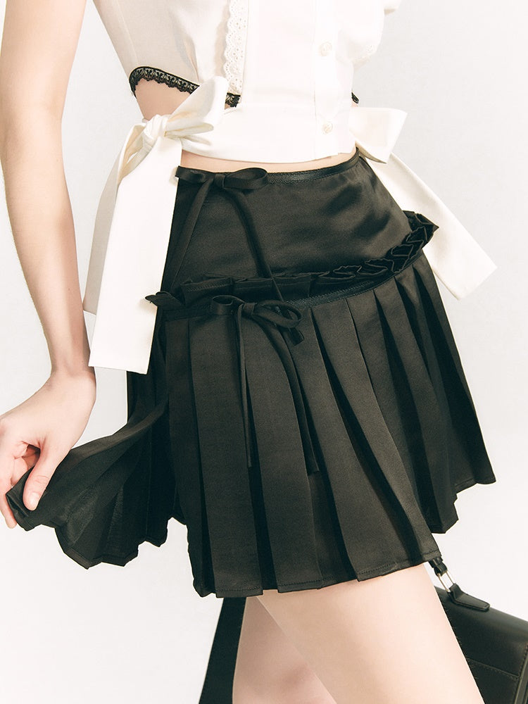 Ribbon Shiny Pleated Skirt