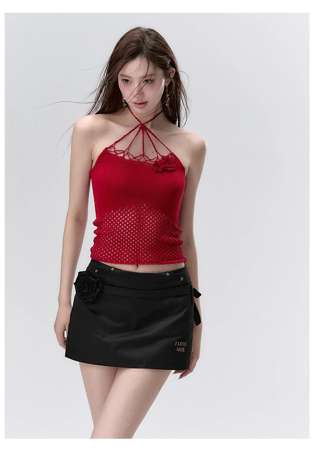 Rose Knitted Hollow Out Spaghetti Strap Tank Top