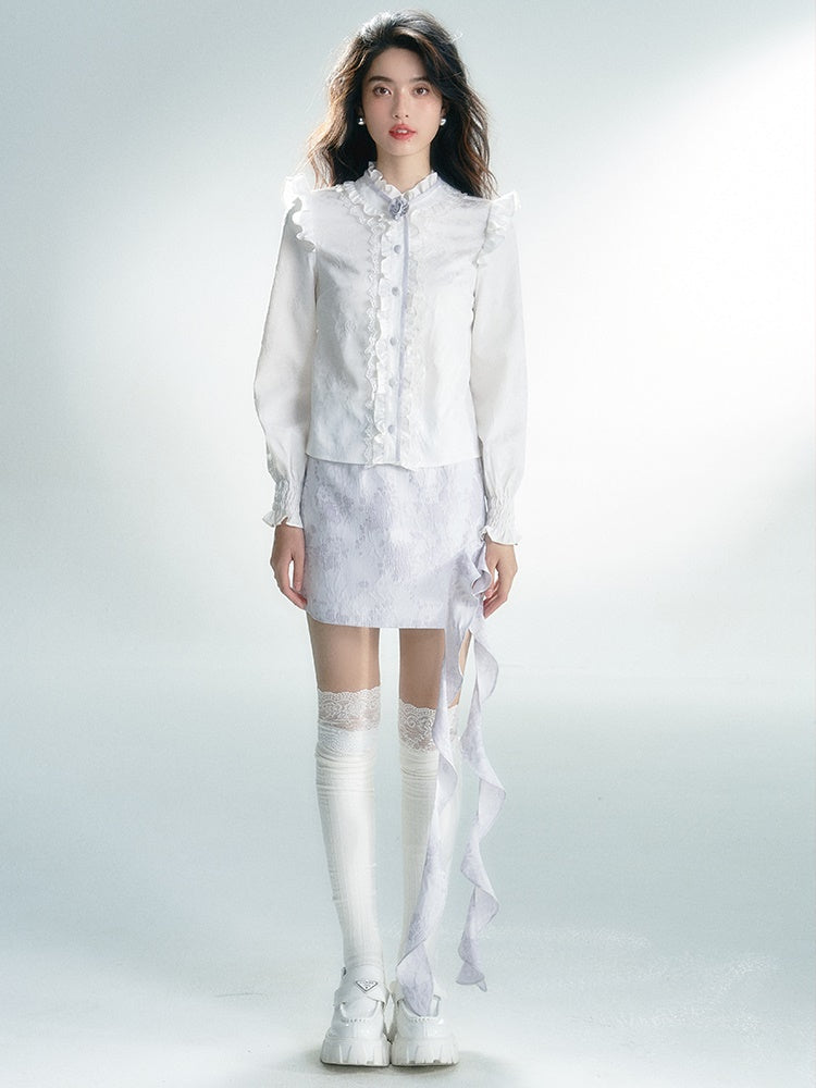 긴팔 레트로 레이스 프릴 셔츠 