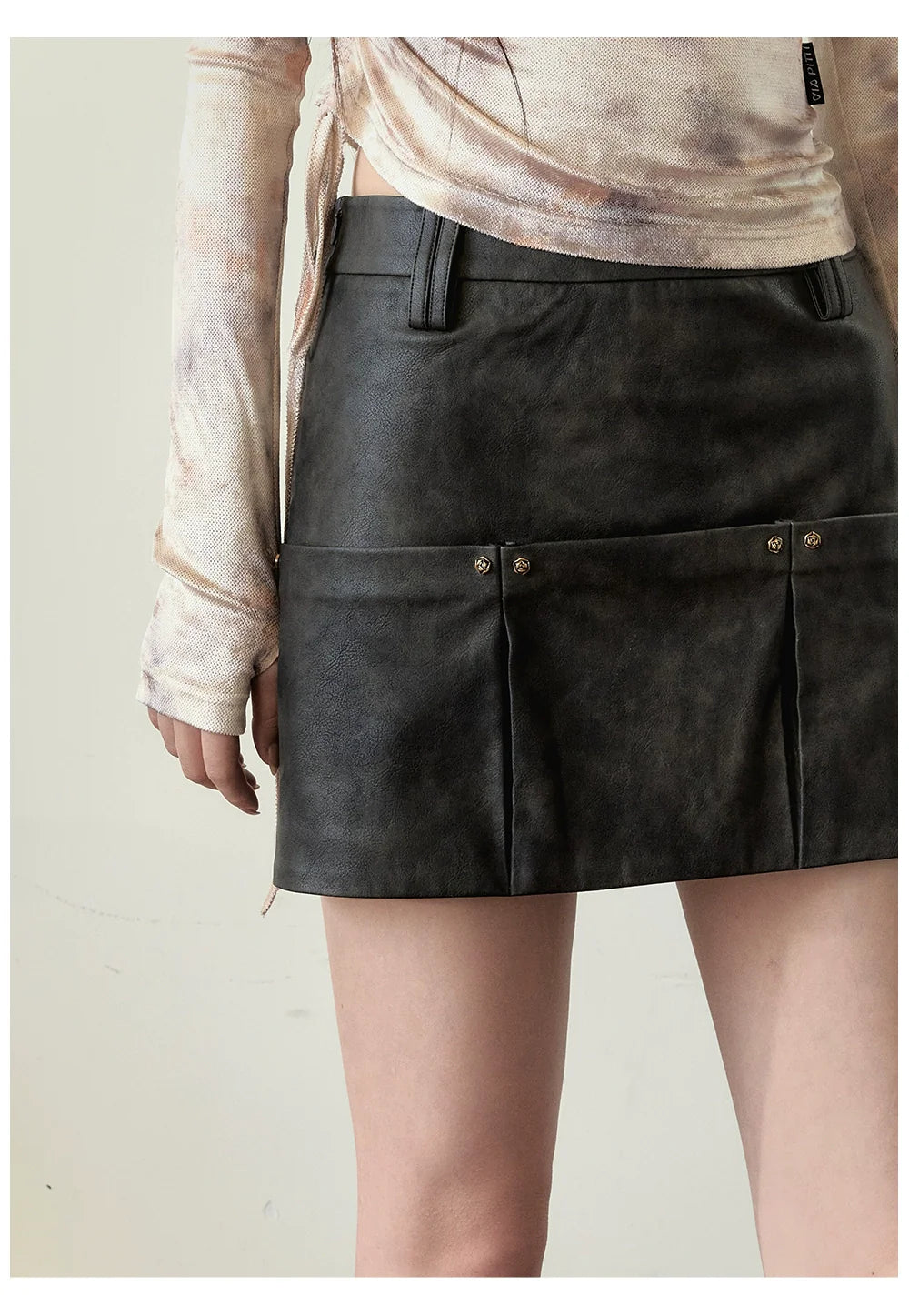 Dark Brown Studded PU Leather Skirt