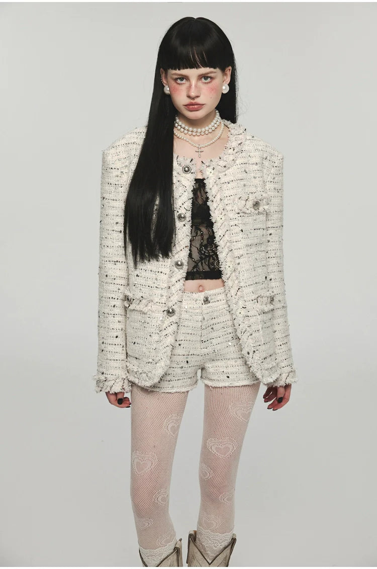 White Tweed Jacket & Shorts Set