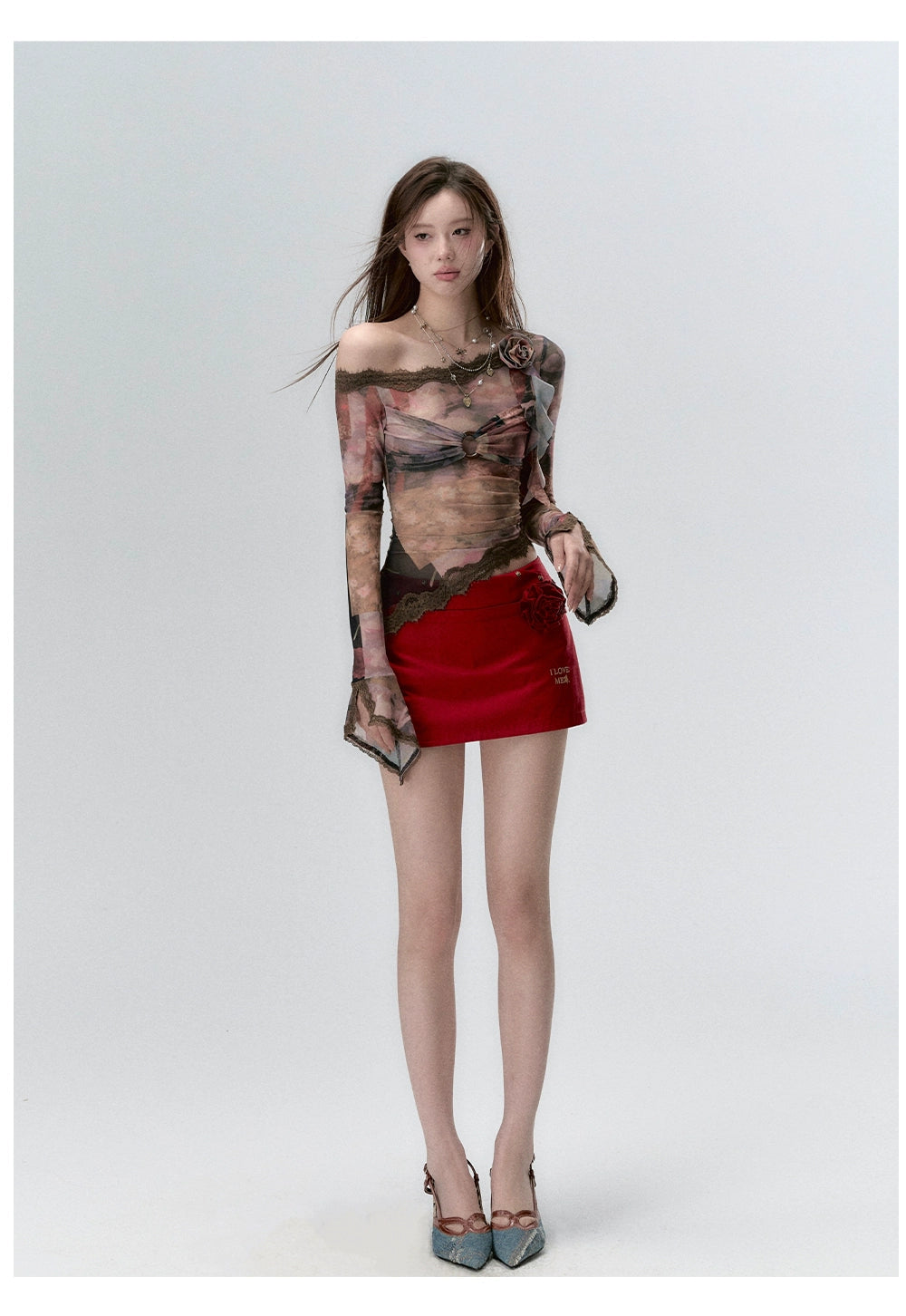 "I LOVE ME" Embroidered Rose Belt A-Line Mini Skirt