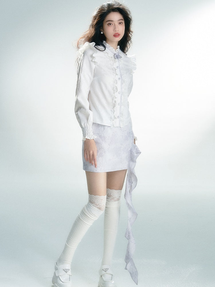 긴팔 레트로 레이스 프릴 셔츠 