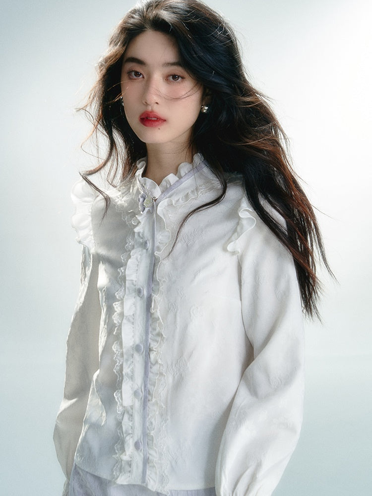 긴팔 레트로 레이스 프릴 셔츠 