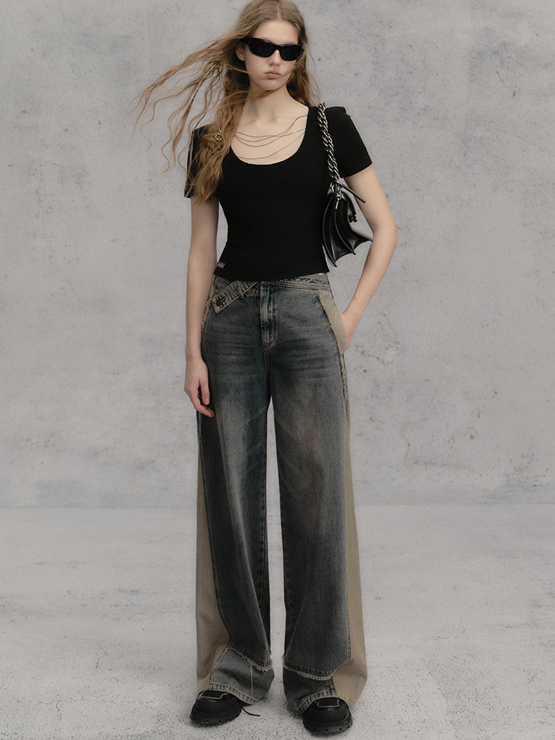 체인 숄더 패드 쇼트 티셔츠 