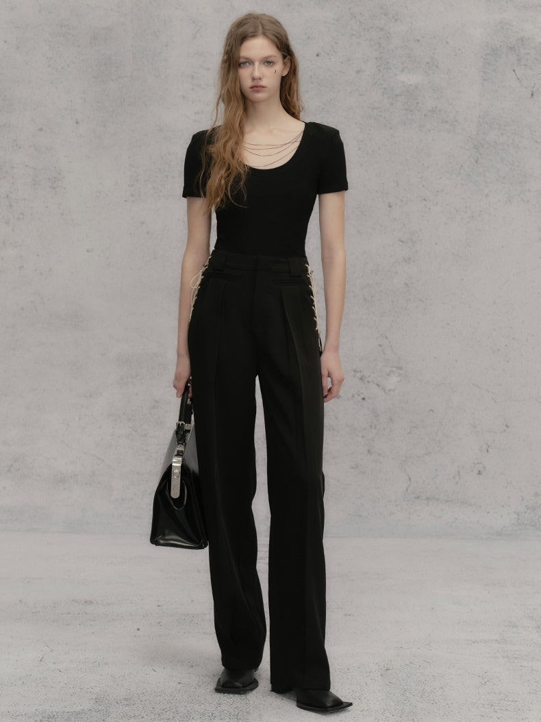 체인 숄더 패드 쇼트 티셔츠 