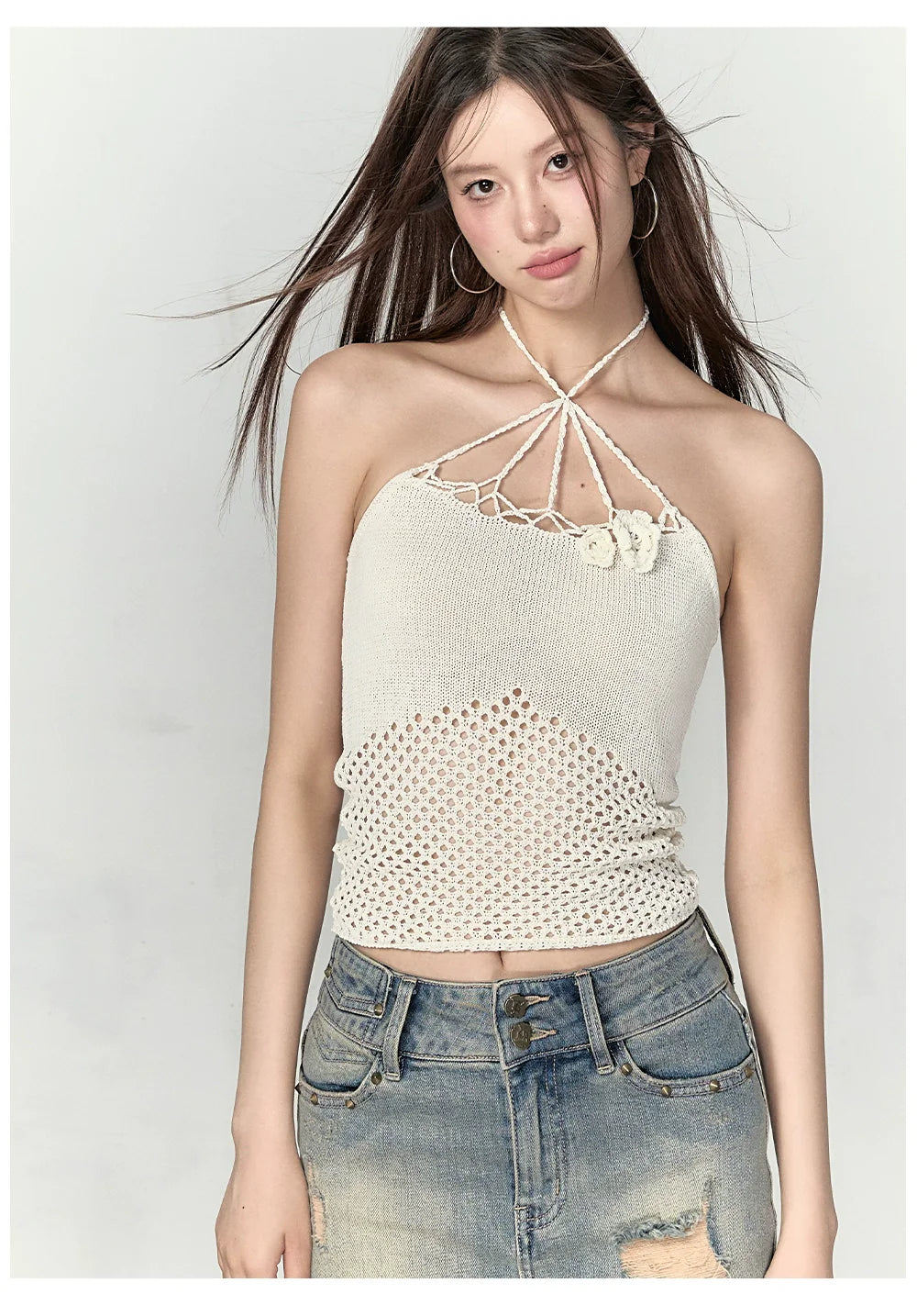 Rose Knitted Hollow Out Spaghetti Strap Tank Top