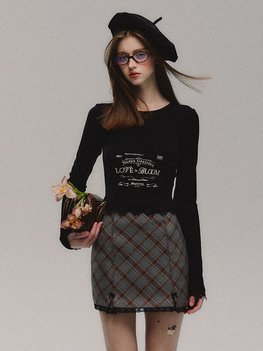 레이스 스티치 레터 프린트 긴소매 티셔츠 