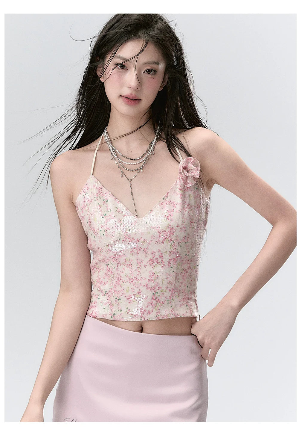 Pink Sparkling Sequined Stylish Spaghetti Strap Tank Top