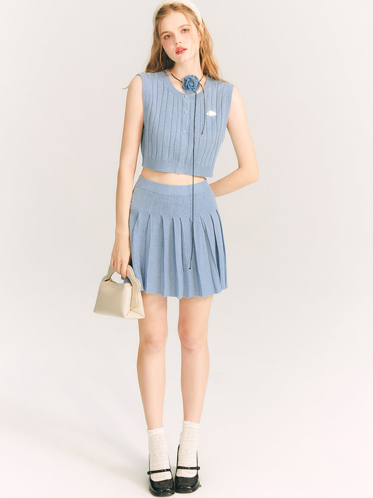 Round Neck Knit Vest & Pleated Skirt