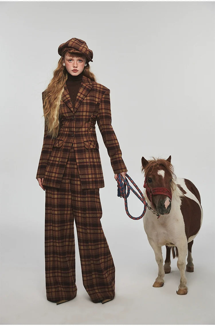 Plaid Woolen Wide-leg Pants