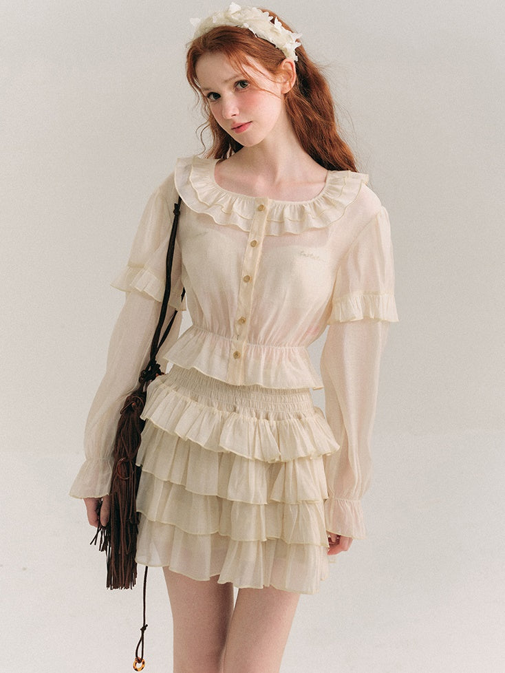 Shimmer Ruffle Collar Shirt & Cake Skirt