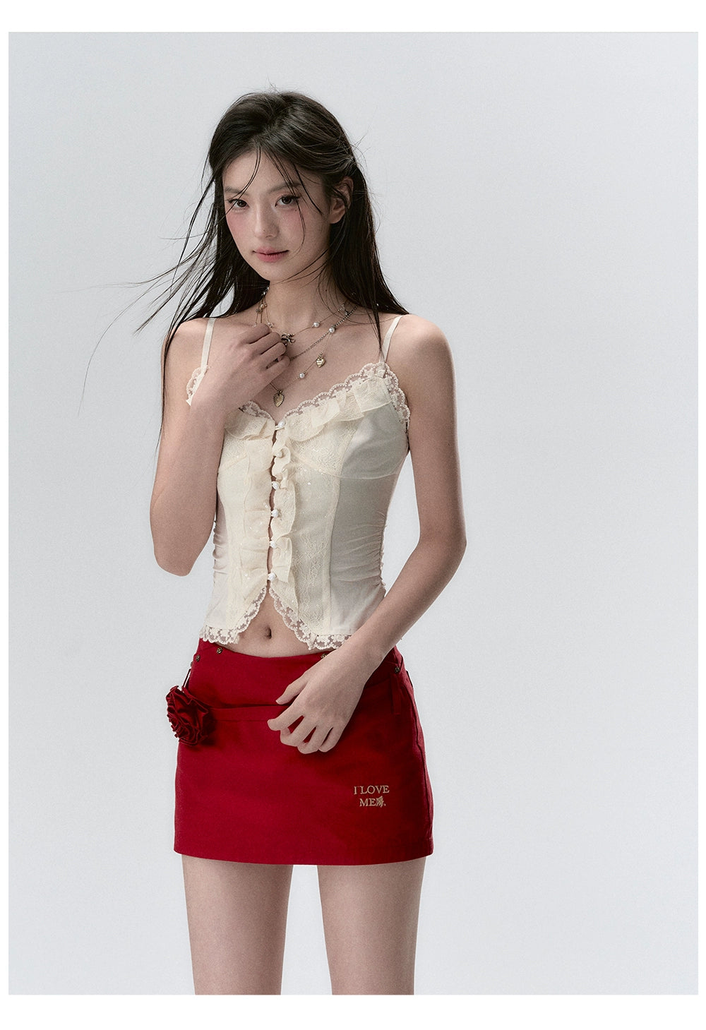 "I LOVE ME" Embroidered Rose Belt A-Line Mini Skirt