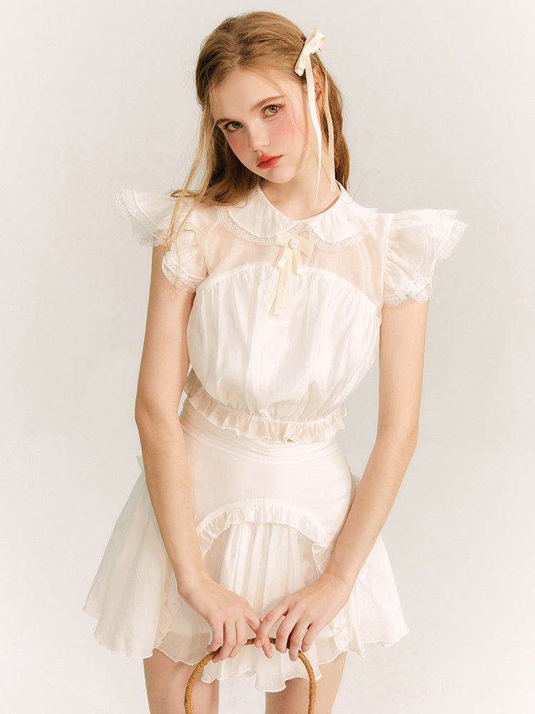 Translucent Flying Sleeve Top ＆ Lace Mini Skirt