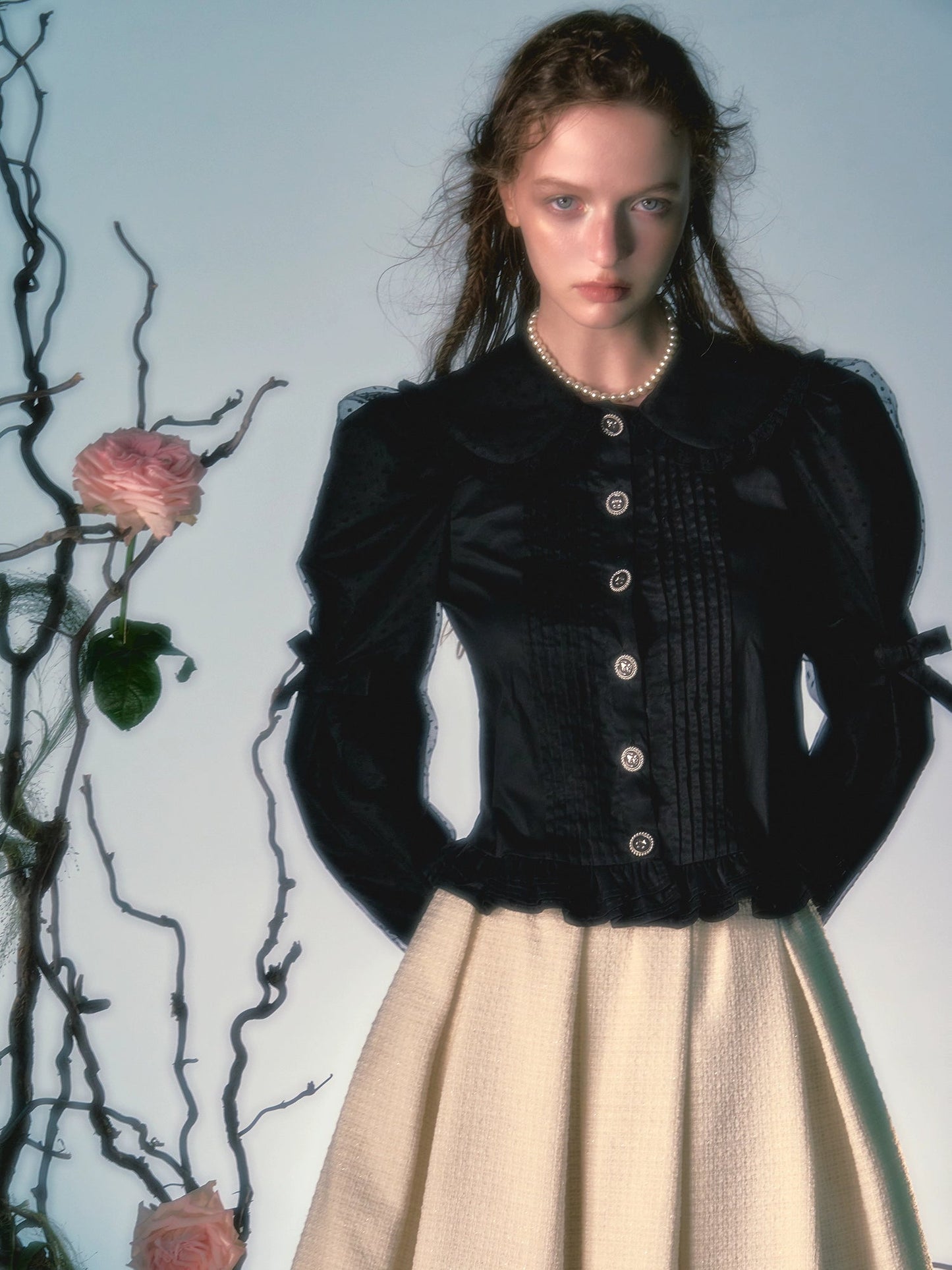 메쉬 패치워크 인형 칼라 퍼프 슬리브 셔츠 