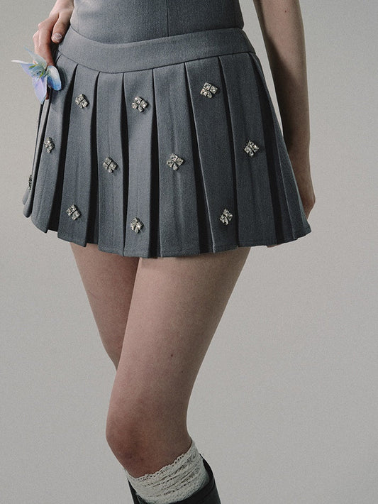 Rhinestone College Pleated Skirt