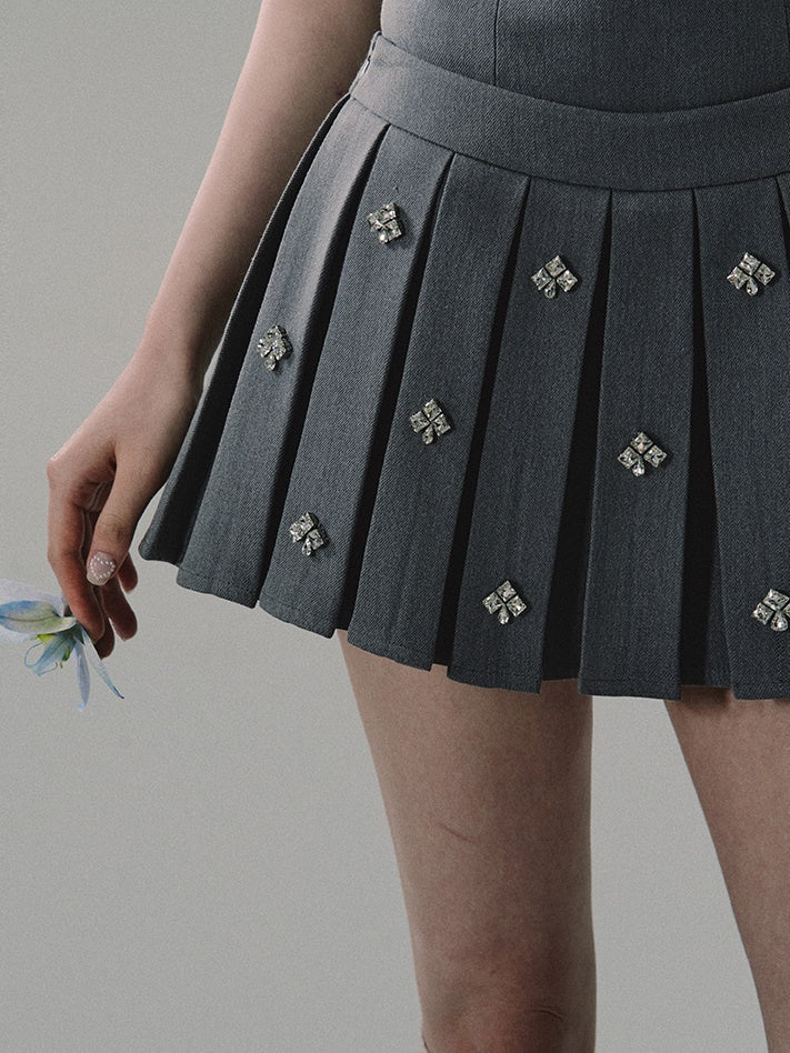 Rhinestone College Pleated Skirt