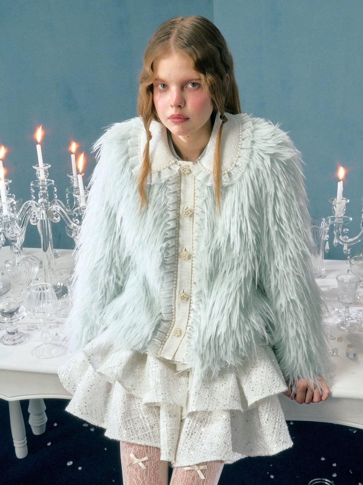 Pearl Lace Decoration Short Imitation Fur Coat