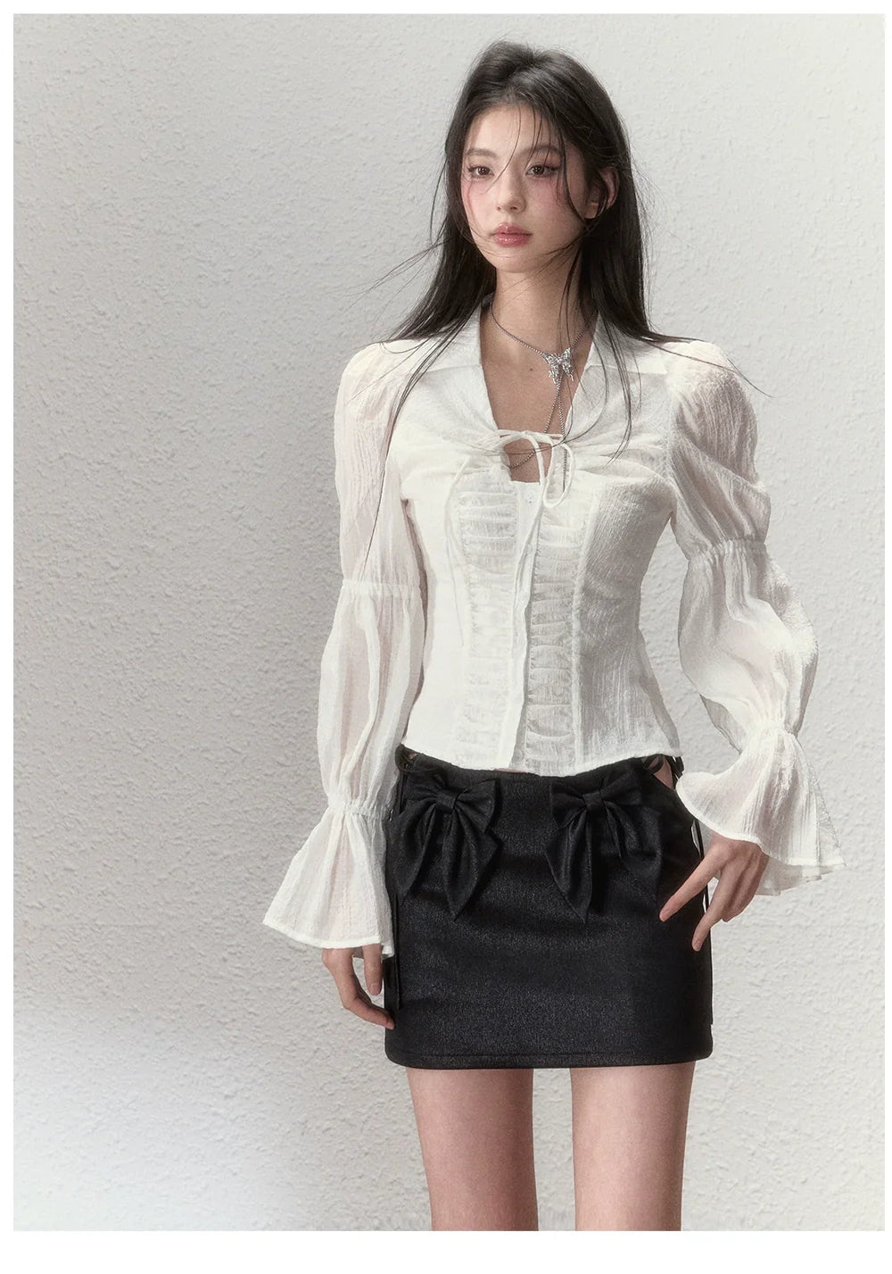 Sheer Puff Sleeve Drawstring Sun Protection Blouse