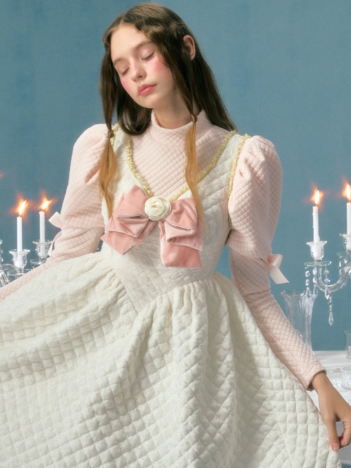 레이스 리본 플라워장식 패딩 서스펜더 드레스&amp;퍼프슬리브 탑