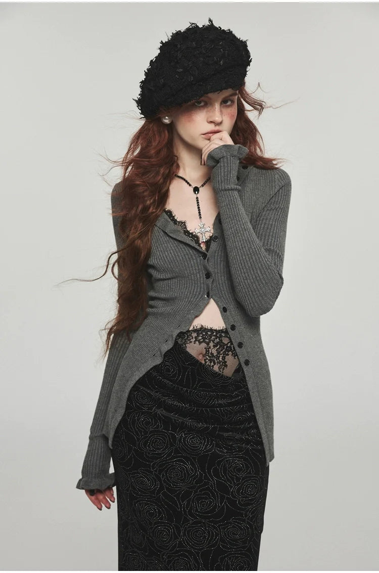 Knitted High-Neck Ruffled Edges Cardigan