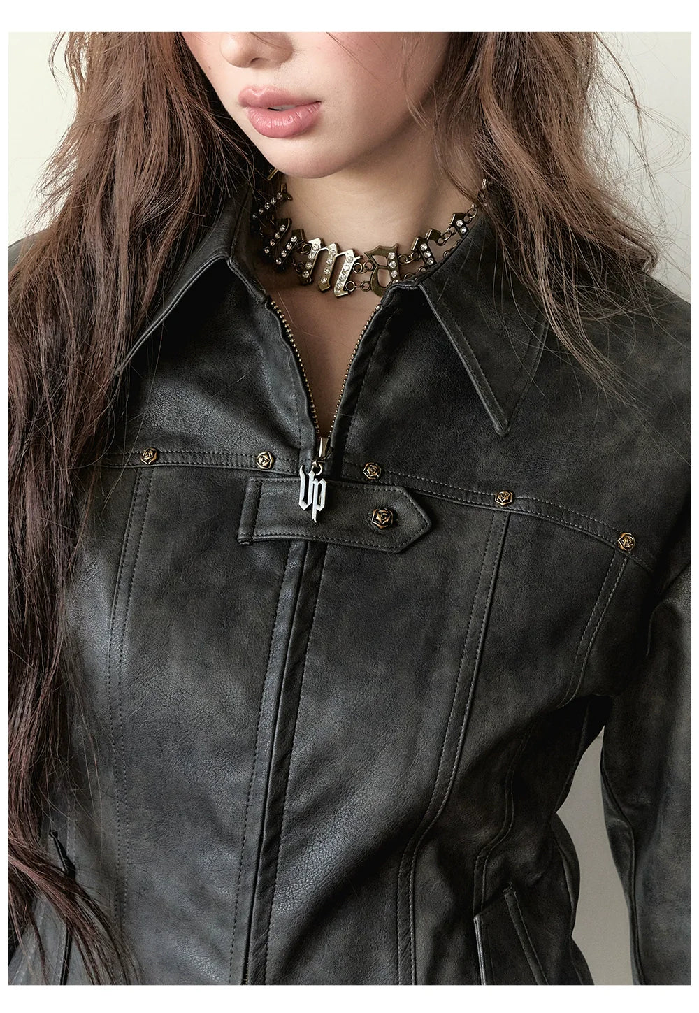 Dark Brown Studded PU Leather Jacket