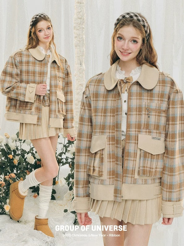 Plaid Round Collar Short Jacket ＆ Mini Pleated Skirt