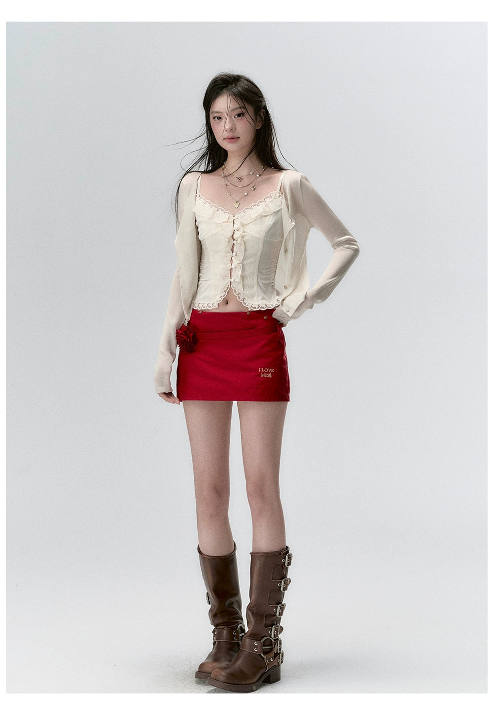 "I LOVE ME" Embroidered Rose Belt A-Line Mini Skirt