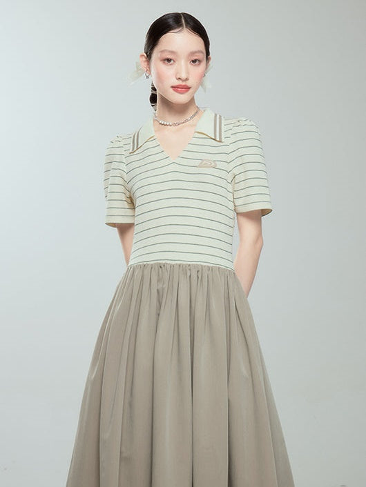 Polo Collar Striped Long One-piece