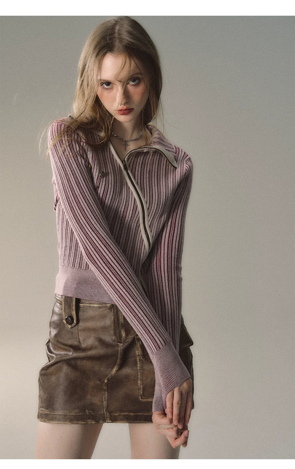 Mocha & Red Zipper Striped Turtleneck