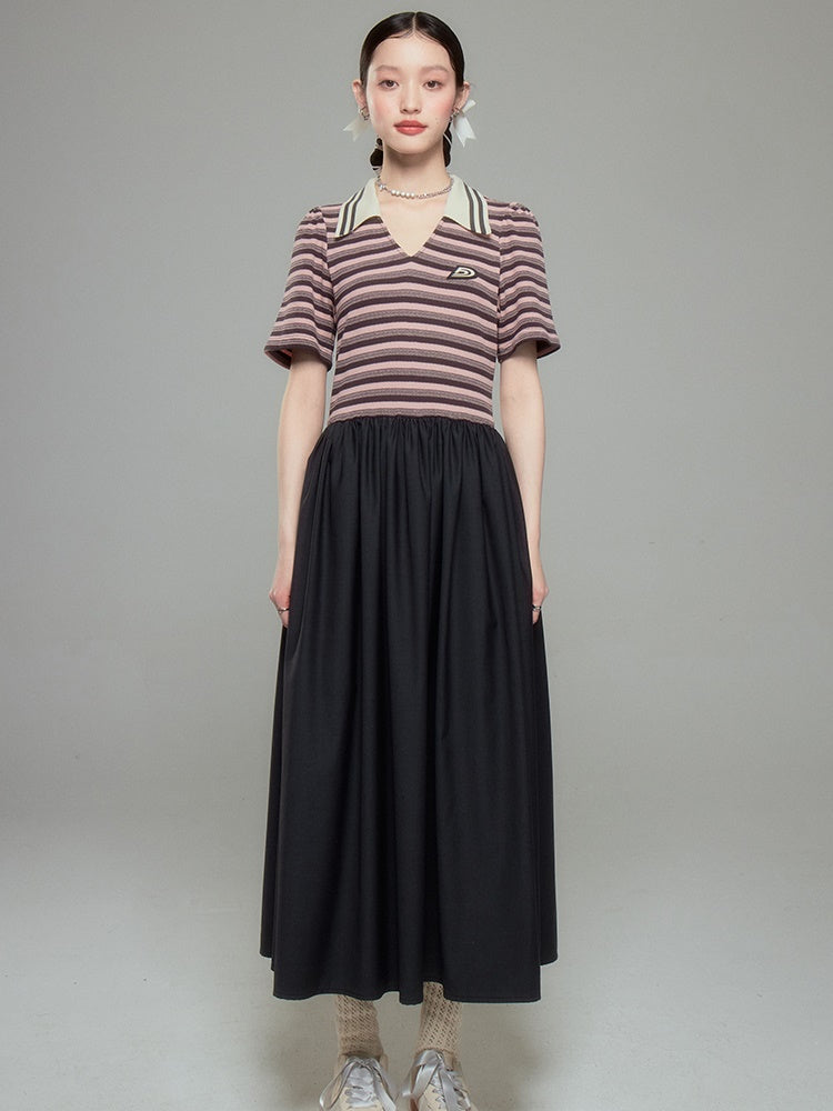 Polo Collar Striped Long One-piece