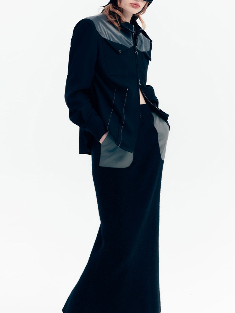 가죽 포켓 니트 스커트 