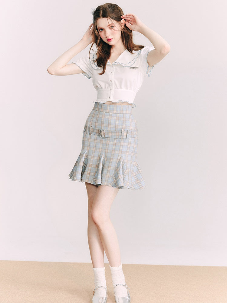 Short Puff Sleeves Doll Collar Shirt