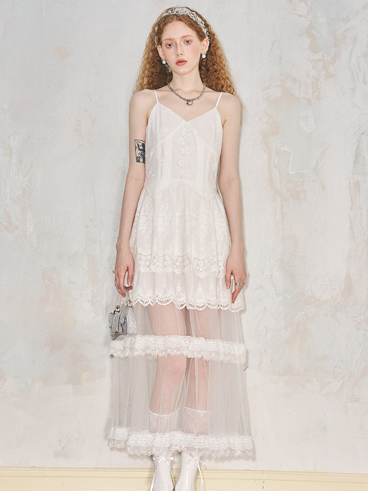 Romantic Hollow Embroidery Lace Camisole Dress