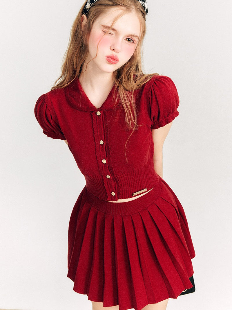 Puff Sleeve Knitted Sweater ＆ Pleated Mini Skirt