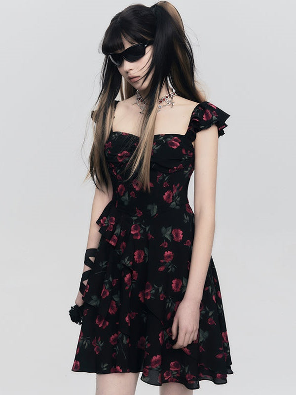 Rose Floral Belt Chest Strap Dress